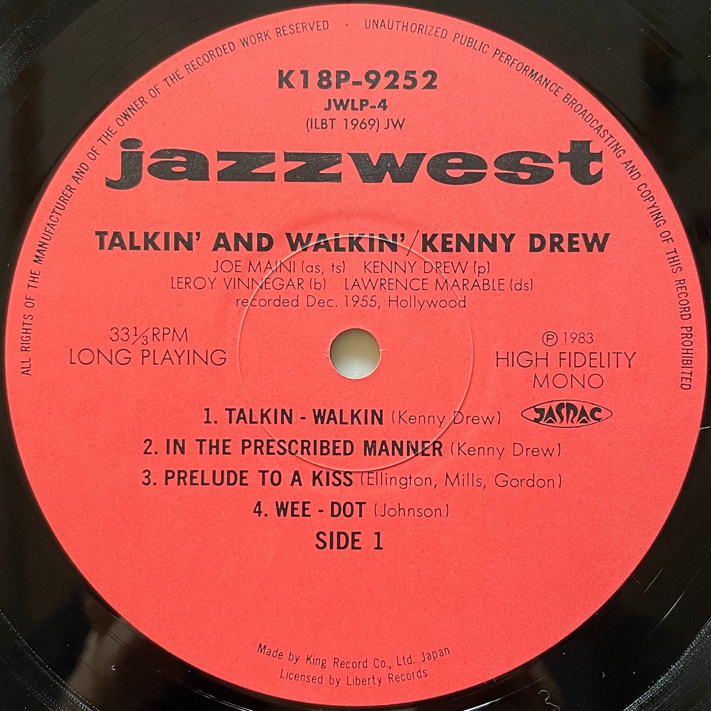 KENNY DREW QUARTET / TALKIN' & WALKIN' on Jazz West - Japan King LP NM K18P-9252