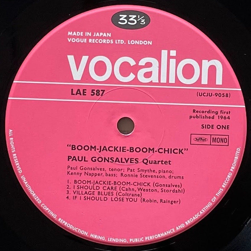 PAUL GONSALVES QUARTET / BOOM-JACKIE-BOOM-CHICK - UK Vocalion Japan Heavy Vinyl reissue UCJU-9058 obi