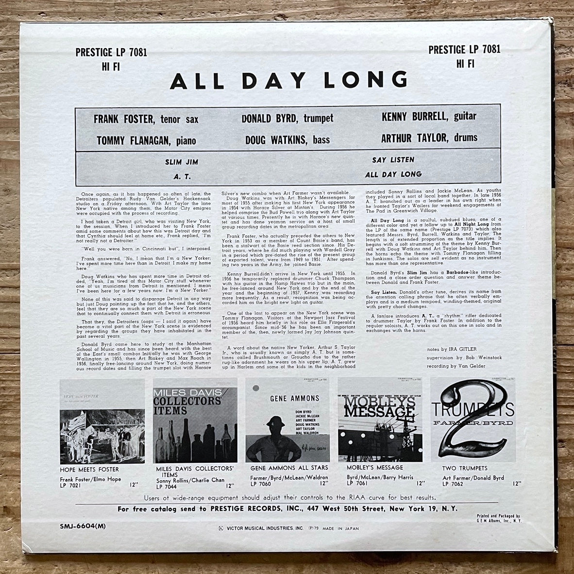 KENNY BURRELL / ALL DAY LONG on Prestige - Japan MONO PROMO LP SMJ-6604