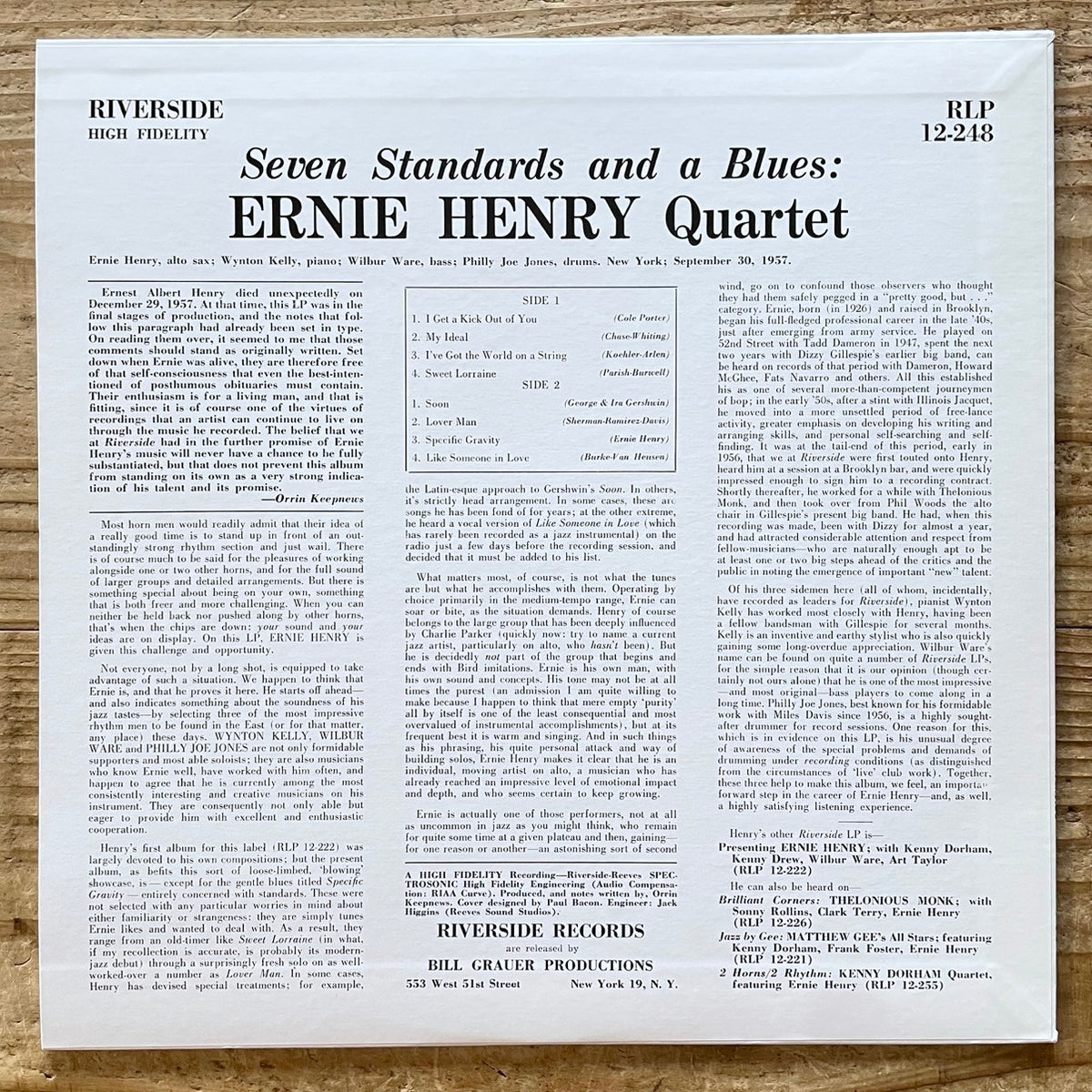 ERNIE HENRY QUARTET / SEVEN STANDARDS AND A BLUES on Riverside - Japan MONO LP NM VIJJ-30040