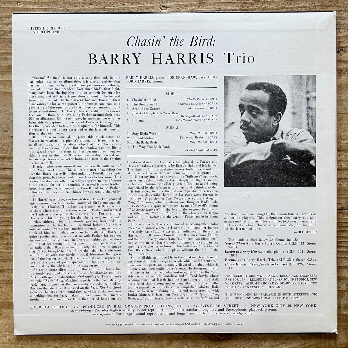 BARRY HARRIS TRIO / CHASIN' THE BIRD on Riverside - Japan LP VIJ-149
