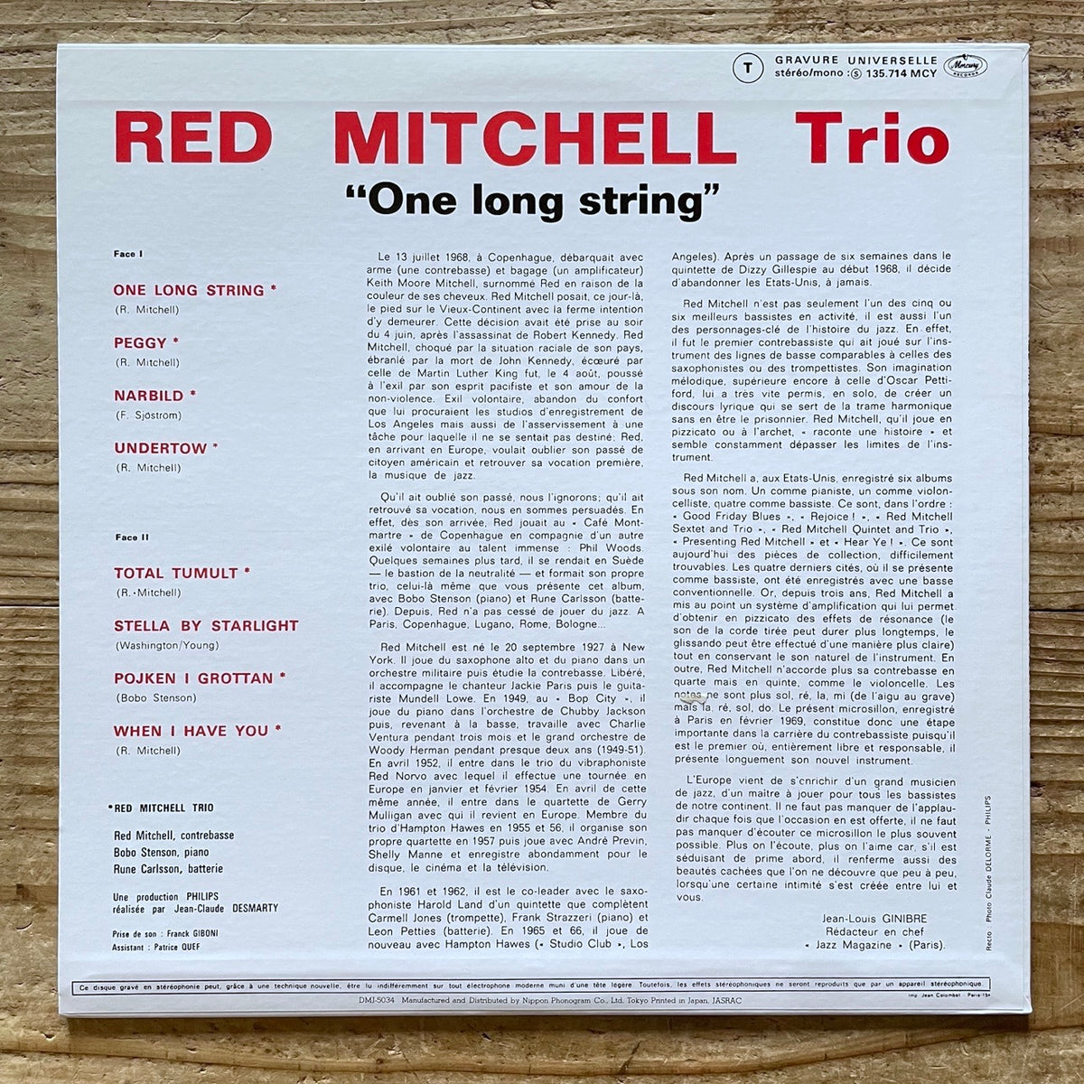 RED MITCHELL TRIO feat. BOBO STENSON / ONE LONG STRING on French Mercury - Japan LP NM DMJ-5034
