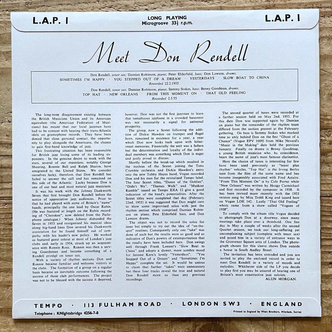 DON RENDELL QUARTET / MEET DON RENDELL on UK Tempo 10" - Japan Sawano reissue NM