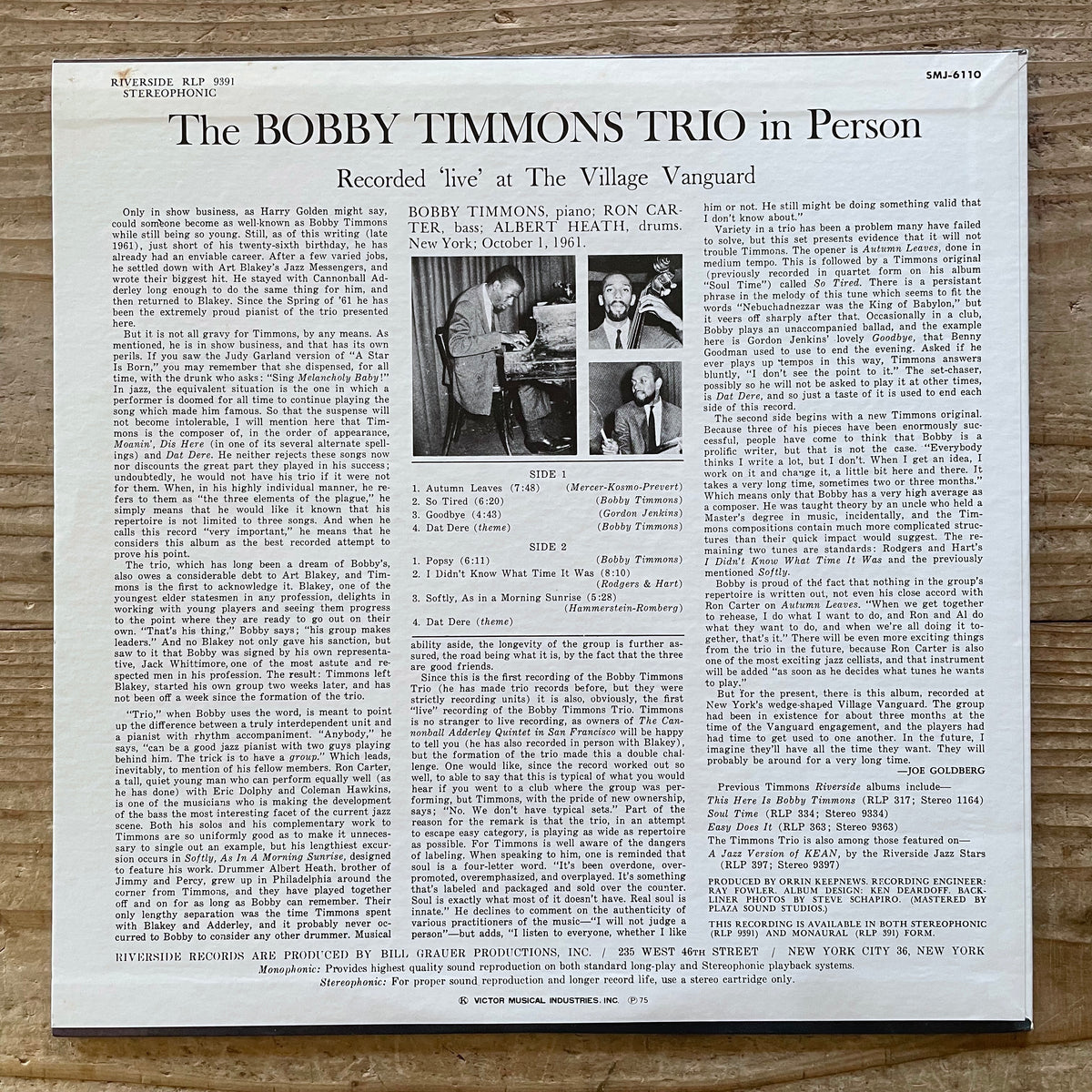 BOBBY TIMMONS TRIO / IN PERSON on Riverside - Japan LP SMJ-6110