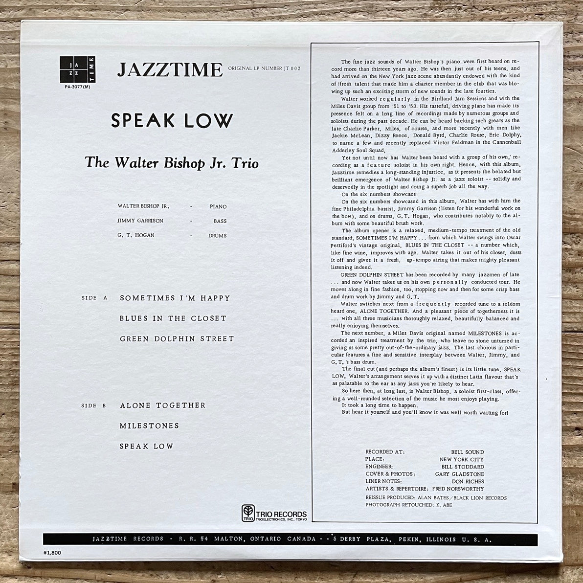 WALTER BISHOP JR. TRIO / SPEAK LOW - Japan Jazztime LP PA-3077