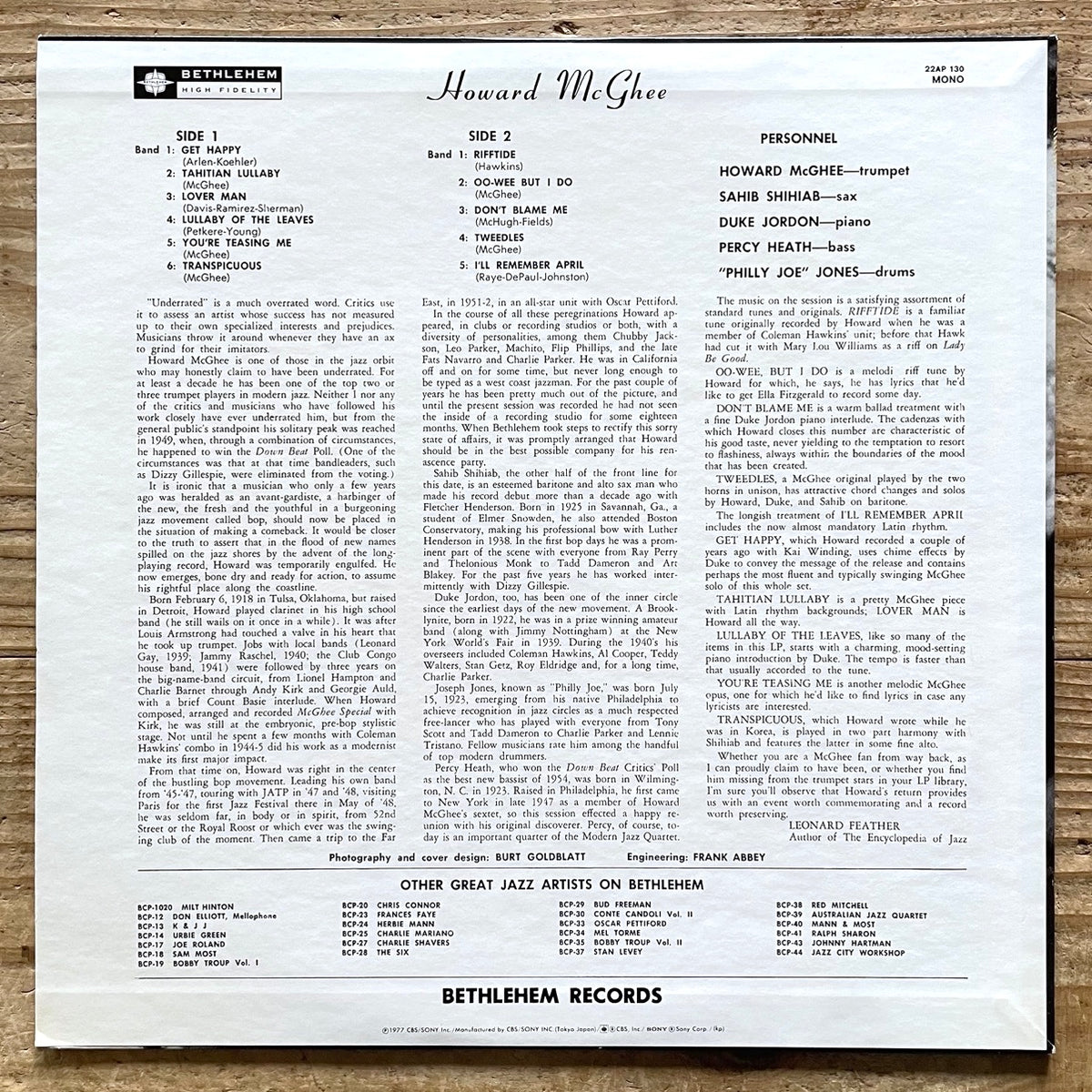 HOWARD McGHEE feat. SAHIB SHIHAB / THE RETURN OF.. on Bethlehem - Japan MONO LP NM 22AP-130