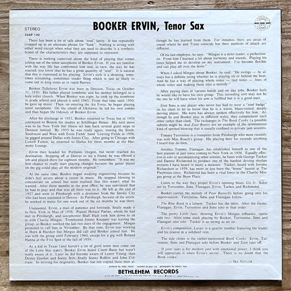 BOOKER ERVIN / BOOK COOKS on Bethlehem - Japan LP 22AP-122