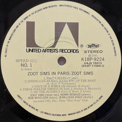 ZOOT SIMS in PARIS on United Artists - Japan King LP NM K18P-9224