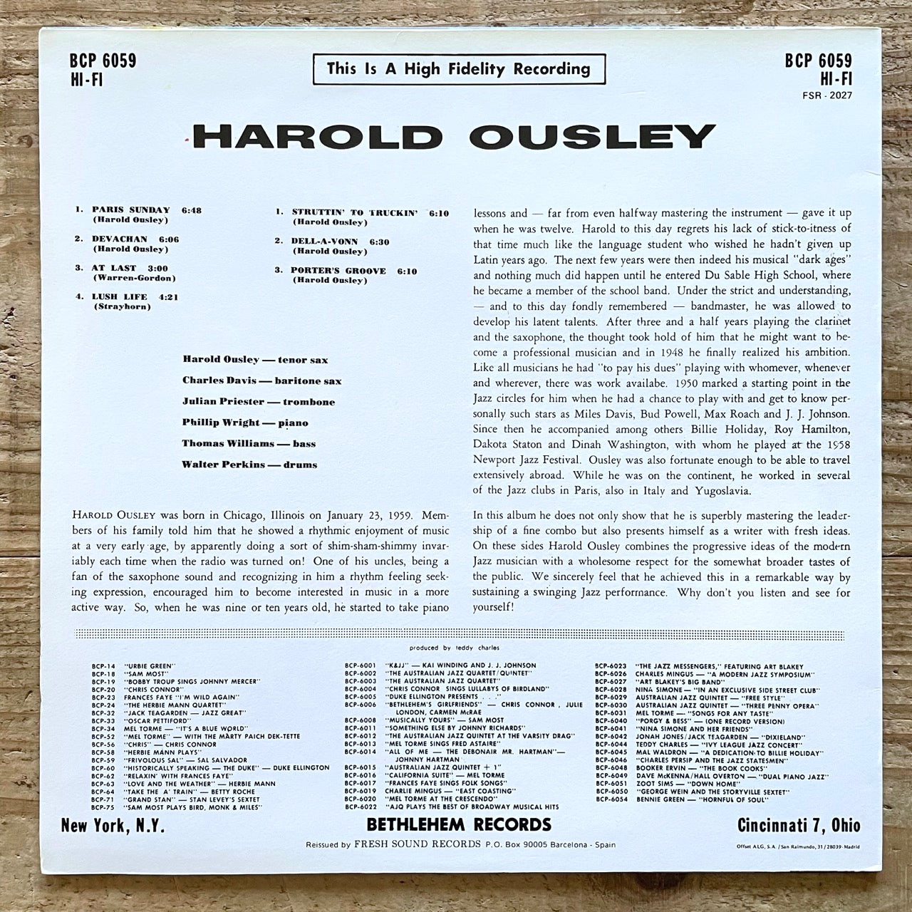 HAROLD OUSLEY / TENOR SAX - Bethlehem Spain Fresh Sound LP reissue NM