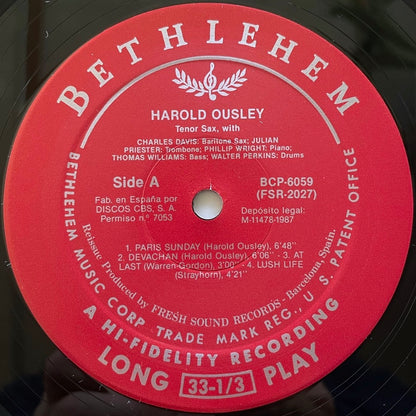 HAROLD OUSLEY / TENOR SAX - Bethlehem Spain Fresh Sound LP reissue NM