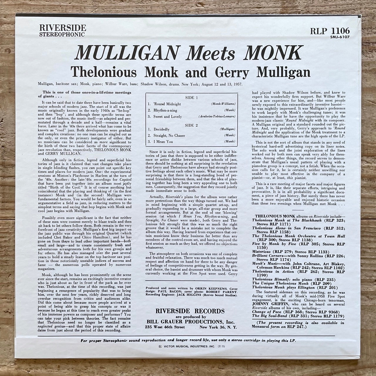 THELONIOUS MONK & GERRY MULLIGAN / MULLIGAN MEETS MONK - Japan Riverside LP NM SMJ-6107