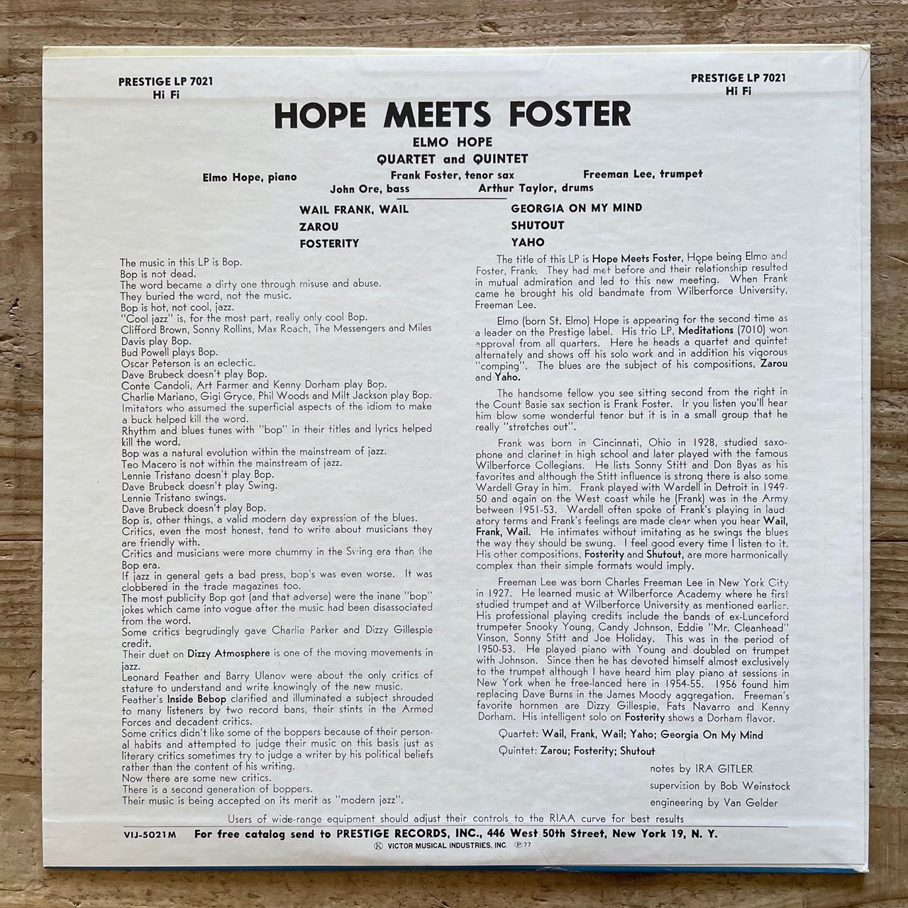 ELMO HOPE QUARTET AND QUINTET / HOPE MEETS FOSTER on Prestige - Japan MONO LP VIJ-5021