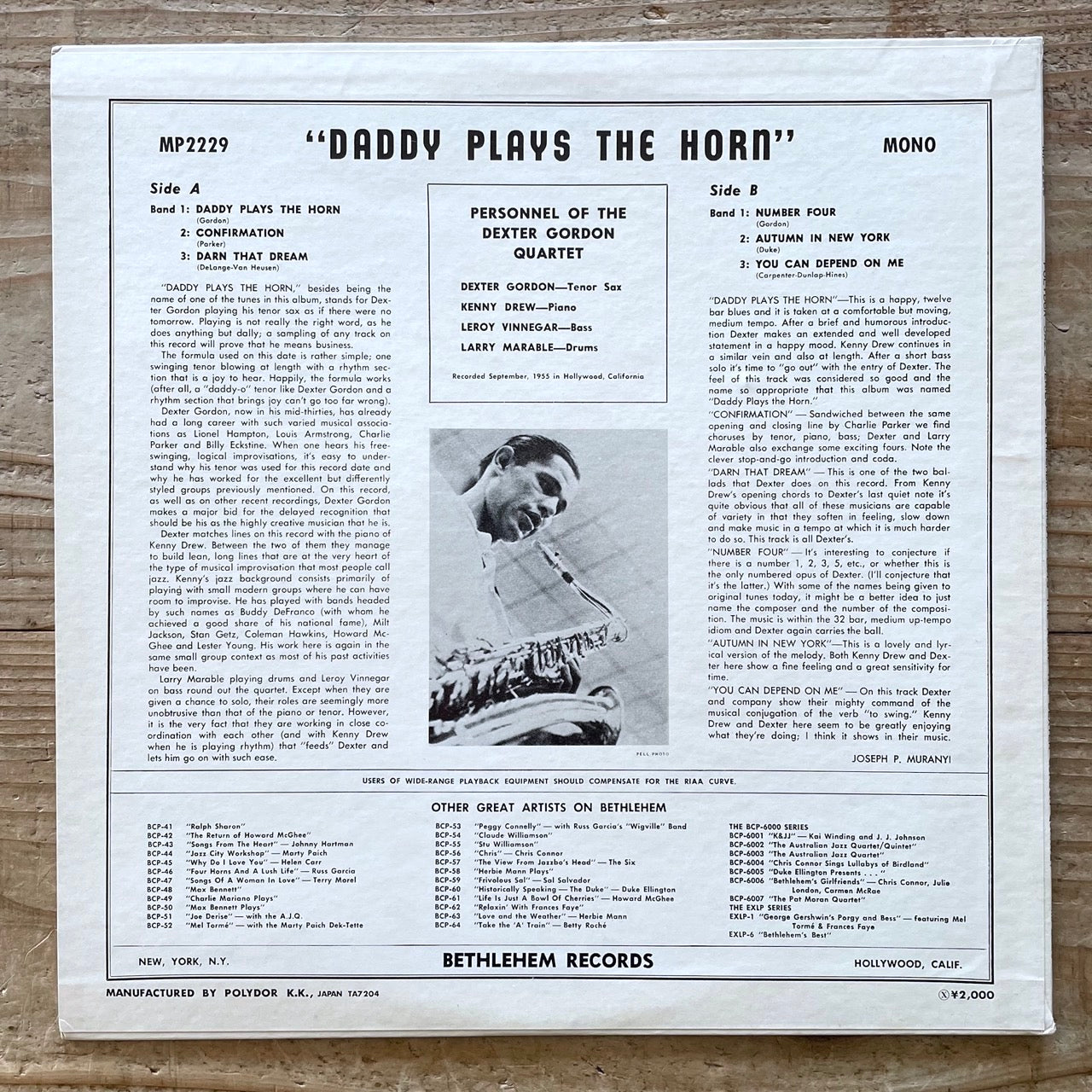 DEXTER GORDON / DADDY PLAYS THE HORN on Bethlehem - Japan MONO Promo LP MP2229