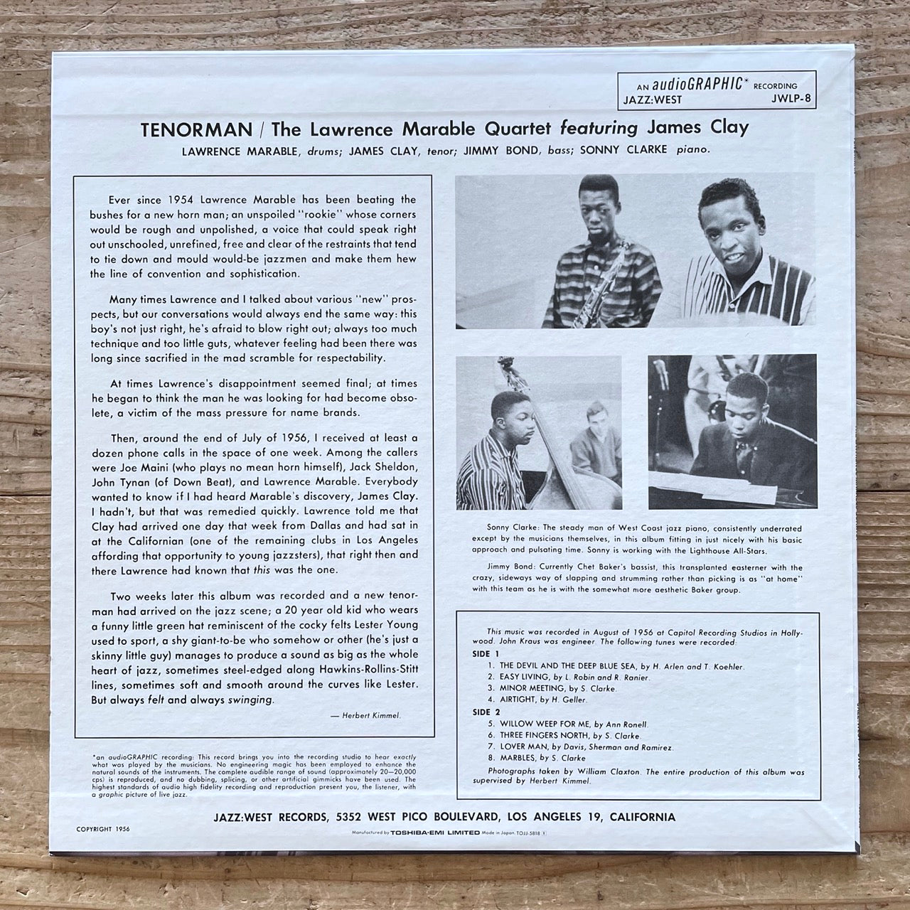 LAWRENCE MARABLE QUARTET feat. JAMES CLAY / TENORMAN on Jazz West - Japan LP NM TOJJ-5818