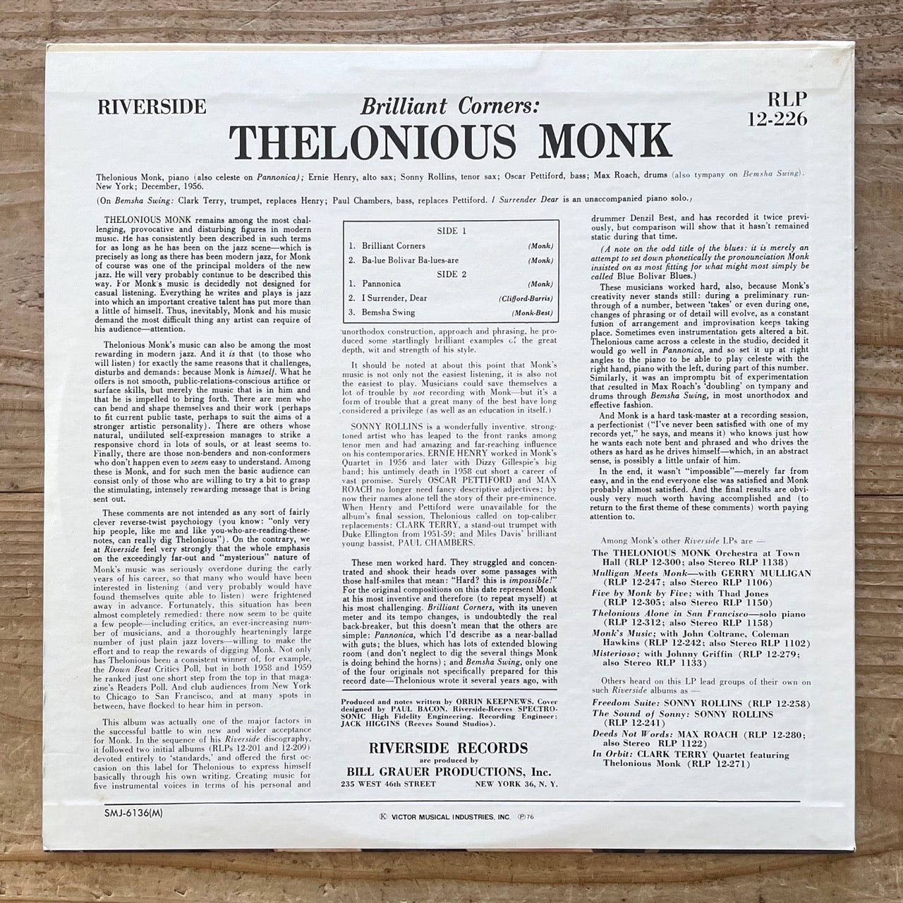 THELONIOUS MONK / BRILLIANT CORNERS on Riverside - Japan LP NM SMJ-6136