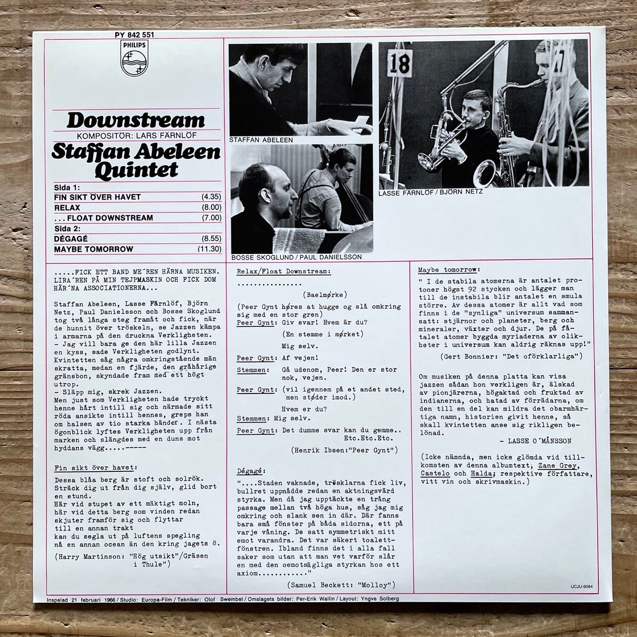STAFFAN ABELEEN QUINTET / DOWNSTREAM - Swedish Philips LP Japan reissue NM UCJU-9084 obi