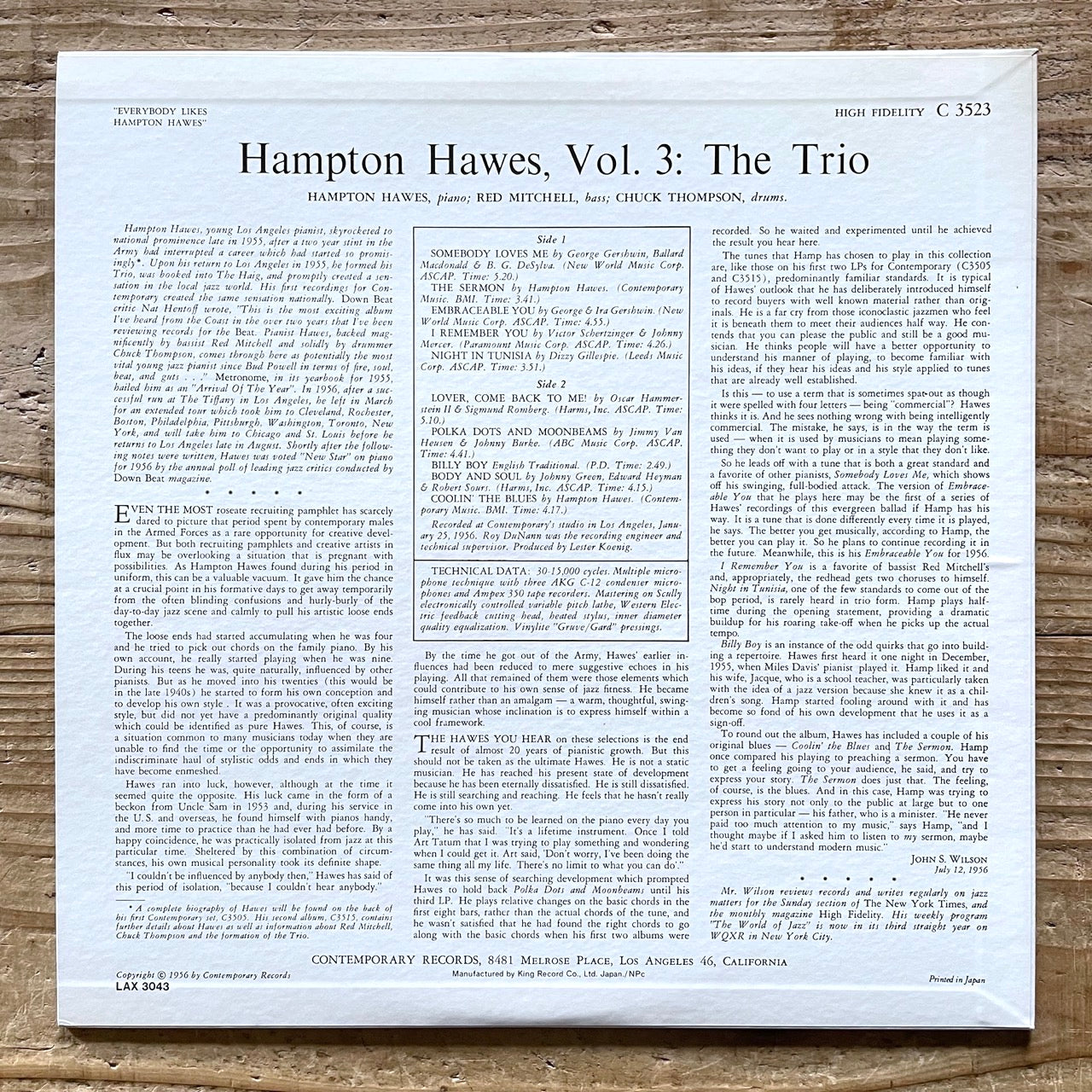 HAMPTON HAWES / VOL.3 THE TRIO EVERYBODY LIKES on Contemporary - Japan King LP NM LAX-3043