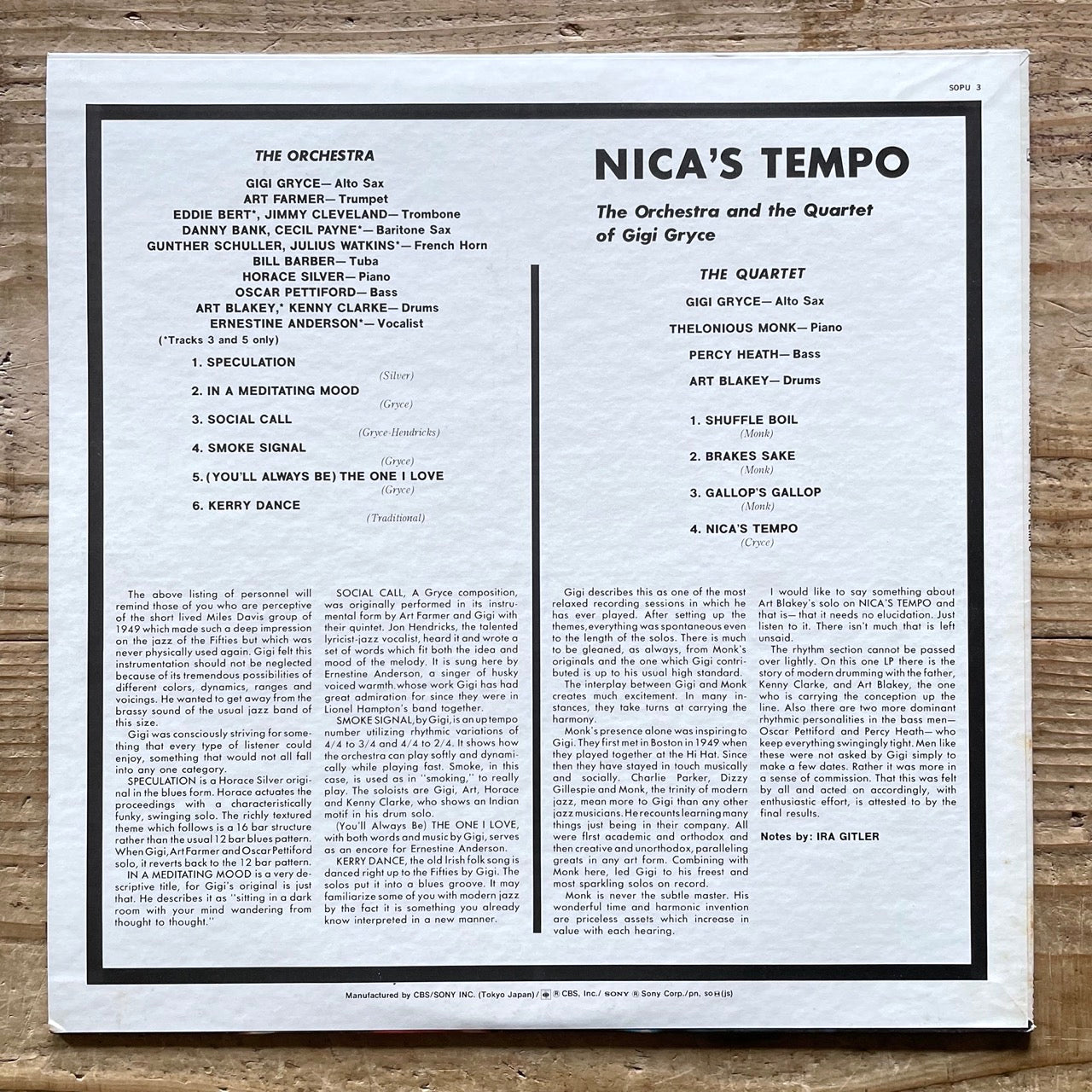 GIGI GRYCE / NICA'S TEMPO on Savoy - Japan CBS/SONY LP NM SOPU-3-SY