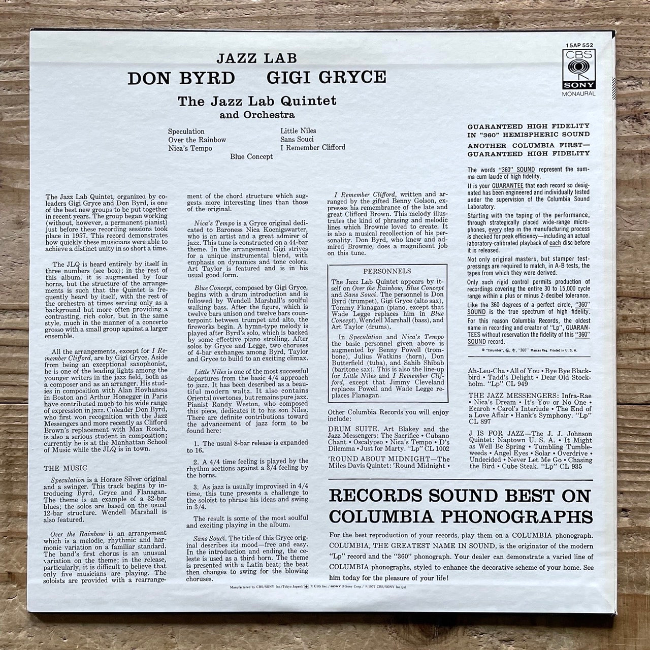 DONALD BYRD - GIGI GRYCE / THE JAZZ LAB QUINTET on Columbia - Japan CBS/SONY LP NM 15AP 552