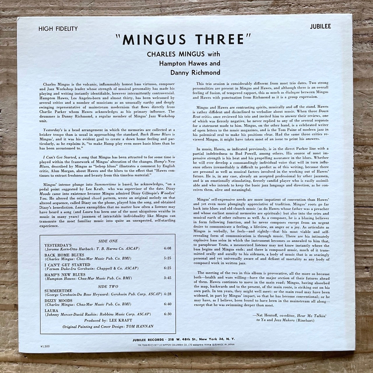 CHARLES MINGUS THREE with HAMPTON HAWES, DANNY RICHMOND on Jubilee - Japan MONO LP YW-7566-RO