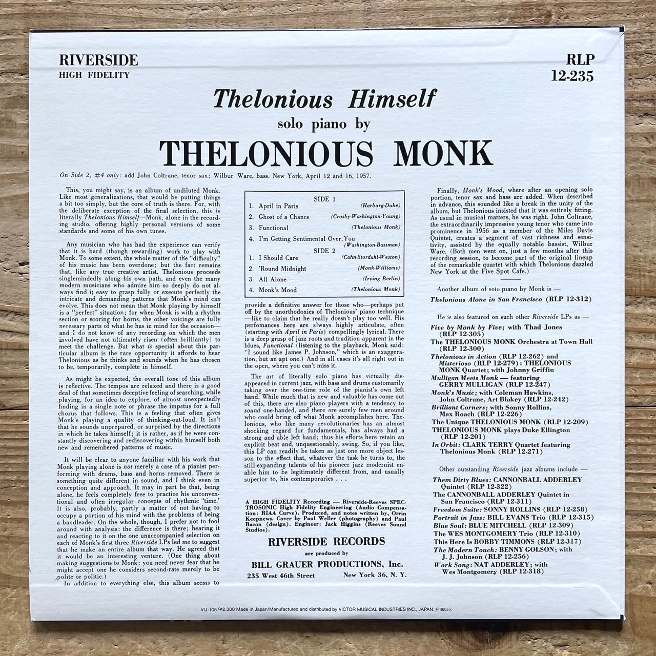 THELONIOUS MONK / THELONIOUS HIMSELF on Riverside - Japan LP NM VIJ-105