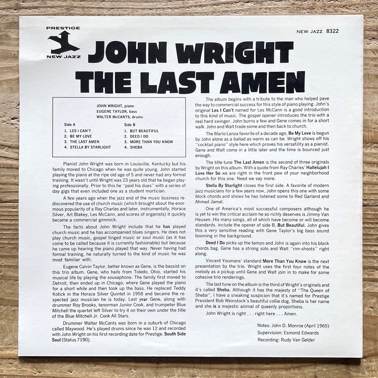 JOHN WRIGHT / THE LAST AMEN on NEW JAZZ - Japan LP NM WWLJ-7029