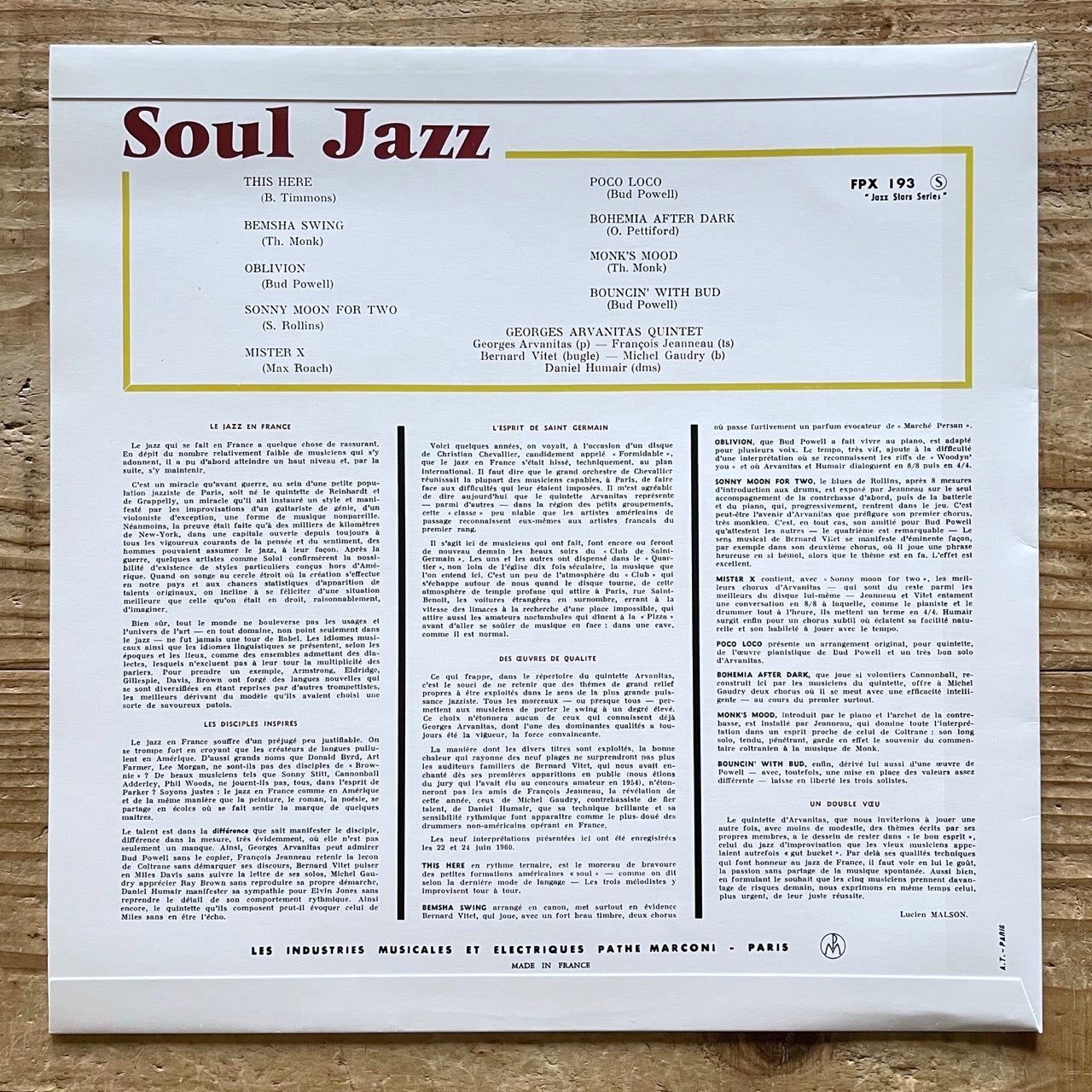 GEORGES ARVANITAS QUINTET / SOUL JAZZ on French Columbia - Heavy Vinyl reissue LP NM FPX193