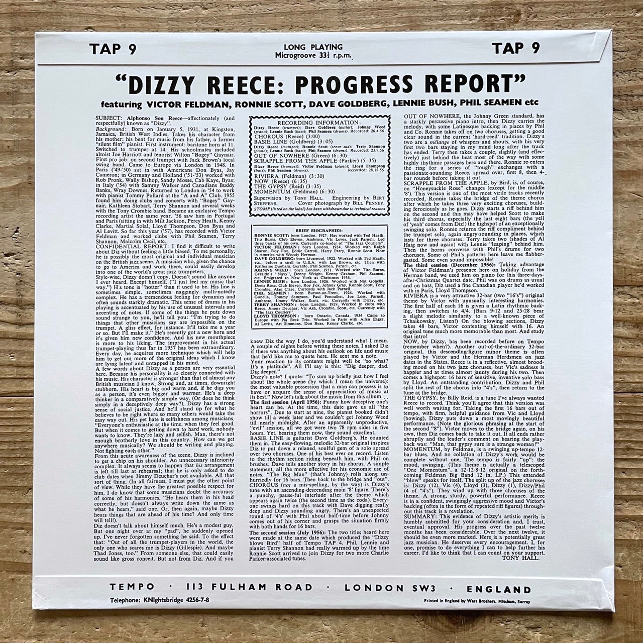 DIZZY REECE / PROGRESS REPORT on UK Tempo - Japan Heavy Vinyl LP TAP9
