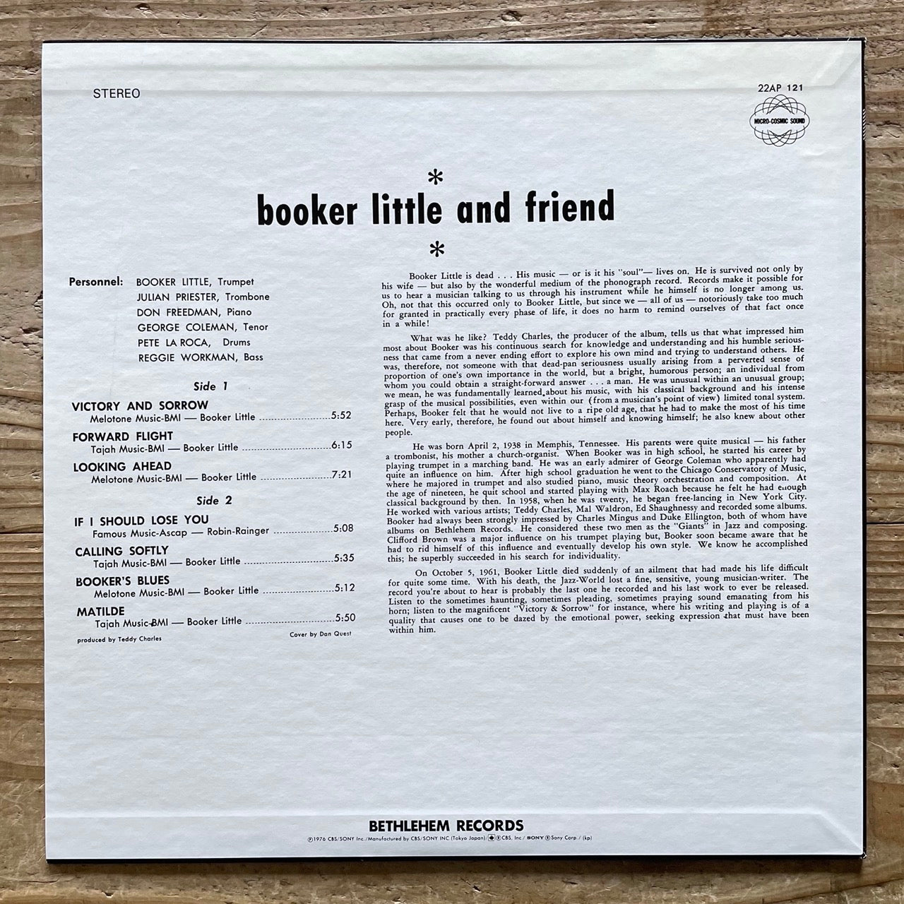 BOOKER LITTLE AND FRIEND on Bethlehem - Japan LP 22AP-121