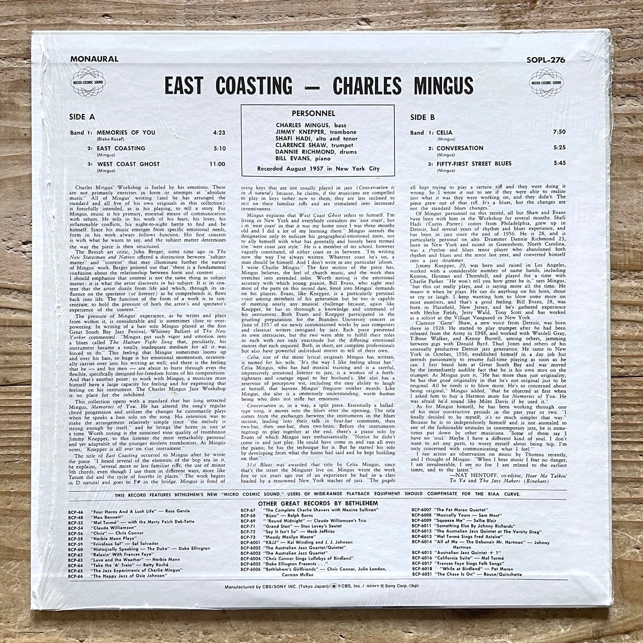 CHARLES MINGUS / EAST COASTING on Bethlehem - Japan MONO LP NM SOPL-276