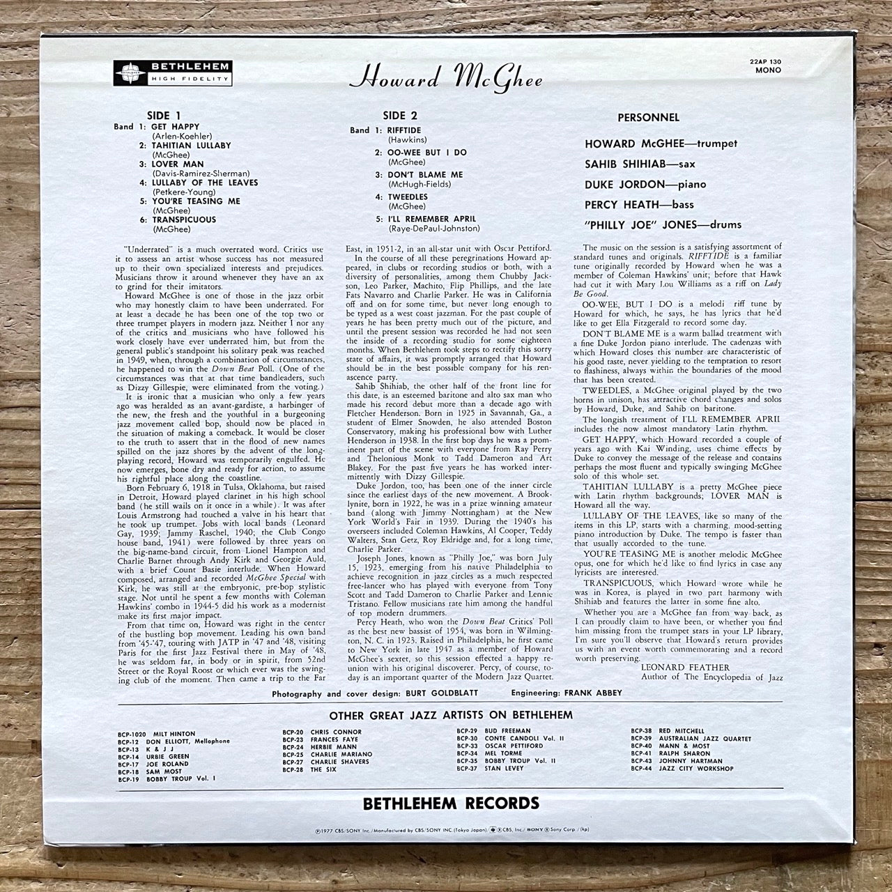 HOWARD McGHEE feat. SAHIB SHIHAB / THE RETURN OF.. on Bethlehem - Japan MONO LP NM 22AP-130