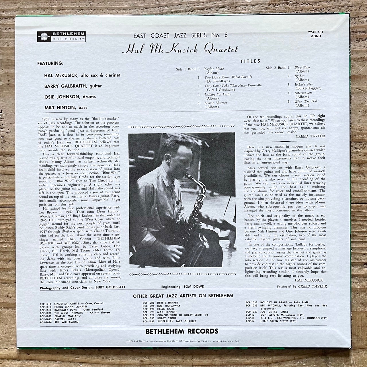 HAL McKUSICK / EAST COAST JAZZ #8 on Bethlehem - Japan MONO LP NM 22AP-131