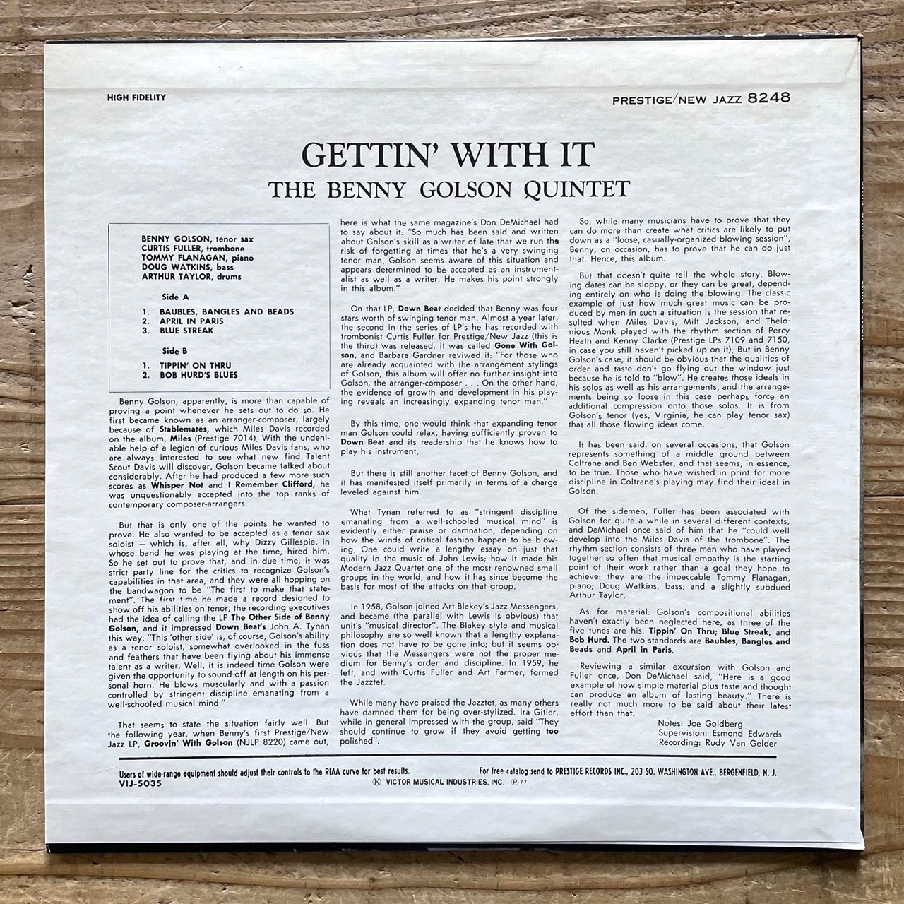 BENNY GOLSON / GETTIN' WITH IT on New Jazz - Japan LP VIJ-5035