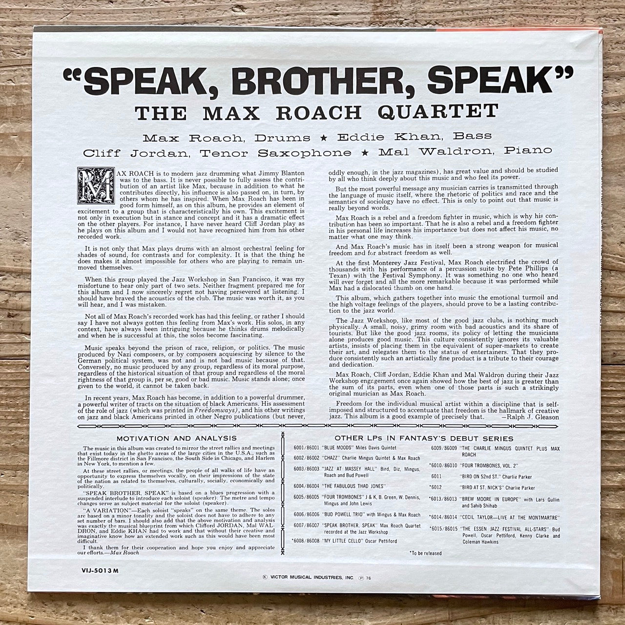 MAX ROACH / SPEAK, BROTHER, SPEAK - Japan Debut LP Clifford Jordan Mal Waldron VIJ-5013