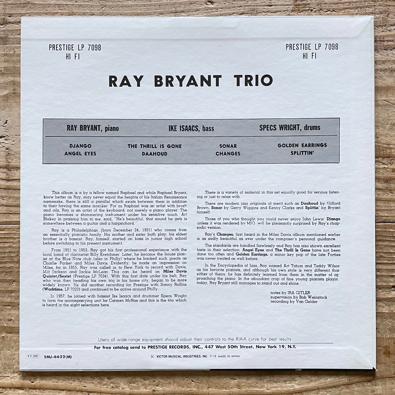 RAY BRYANT TRIO on Prestige 7098 - Japan MONO LP NM SMJ-6622