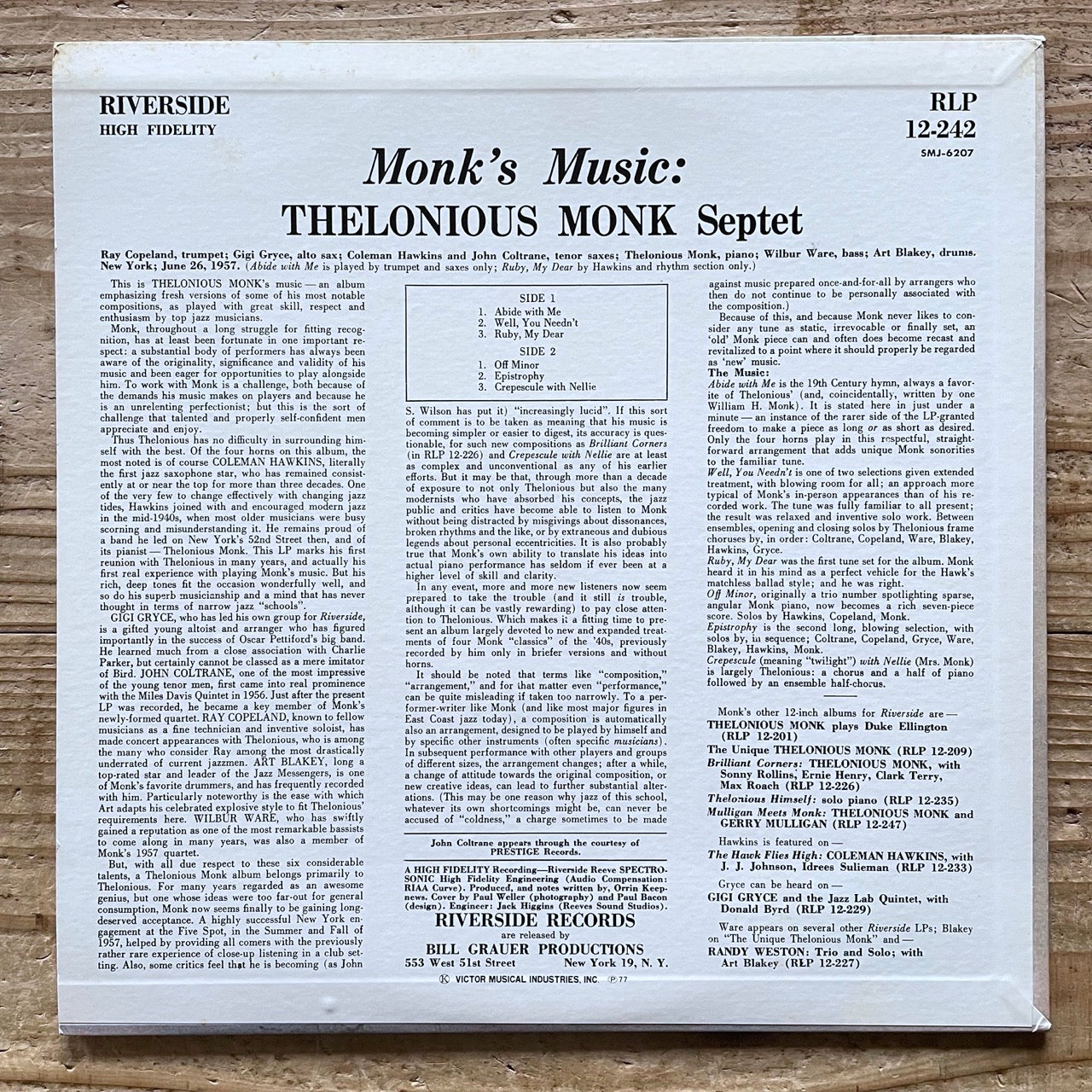 THELONIOUS MONK / MONK'S MUSIC on Riverside - Japan LP NM SMJ-6207