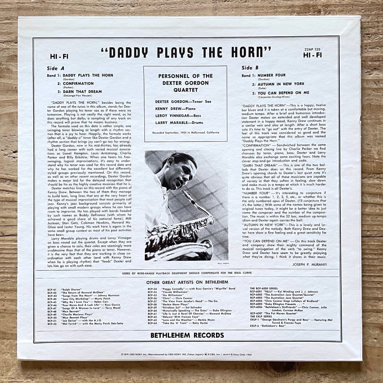 DEXTER GORDON / DADDY PLAYS THE HORN on Bethlehem - Japan MONO LP 22AP 125