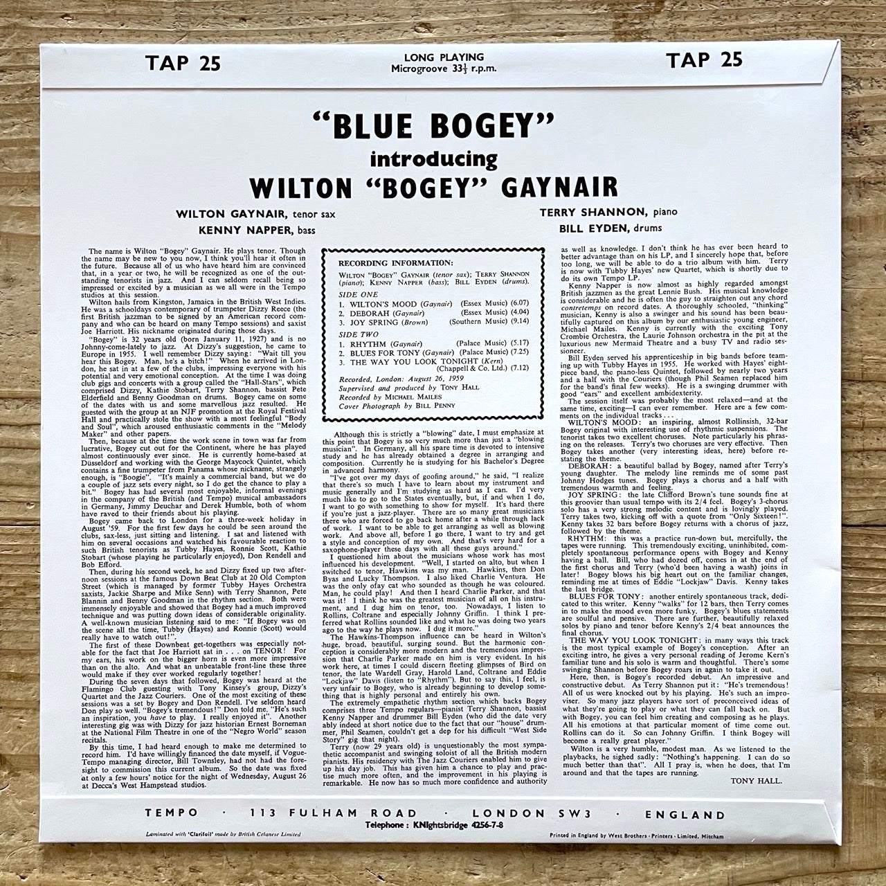 WILTON BOGEY GAYNAIR / BLUE BOGEY on UK Tempo - Japan Heavy Vinyl LP TAP25