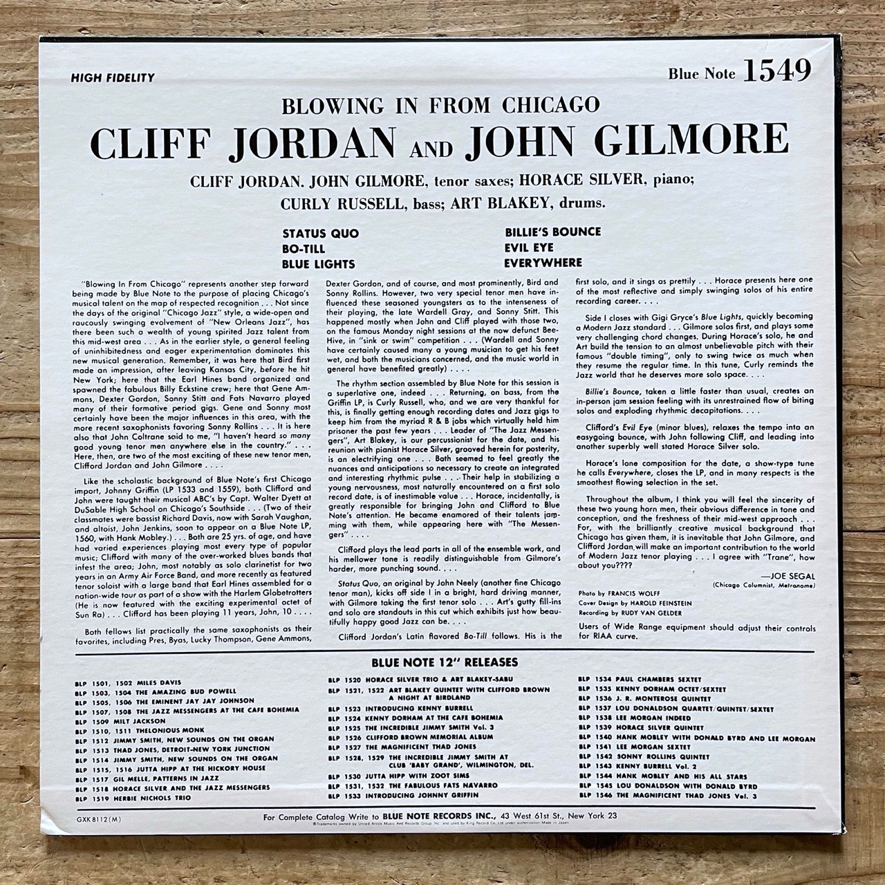 CLIFF JORDAN AND JOHN GILMORE / BLOWING IN FROM CHICAGO on Blue Note BLP 1549 - Japan King LP GXK-8112