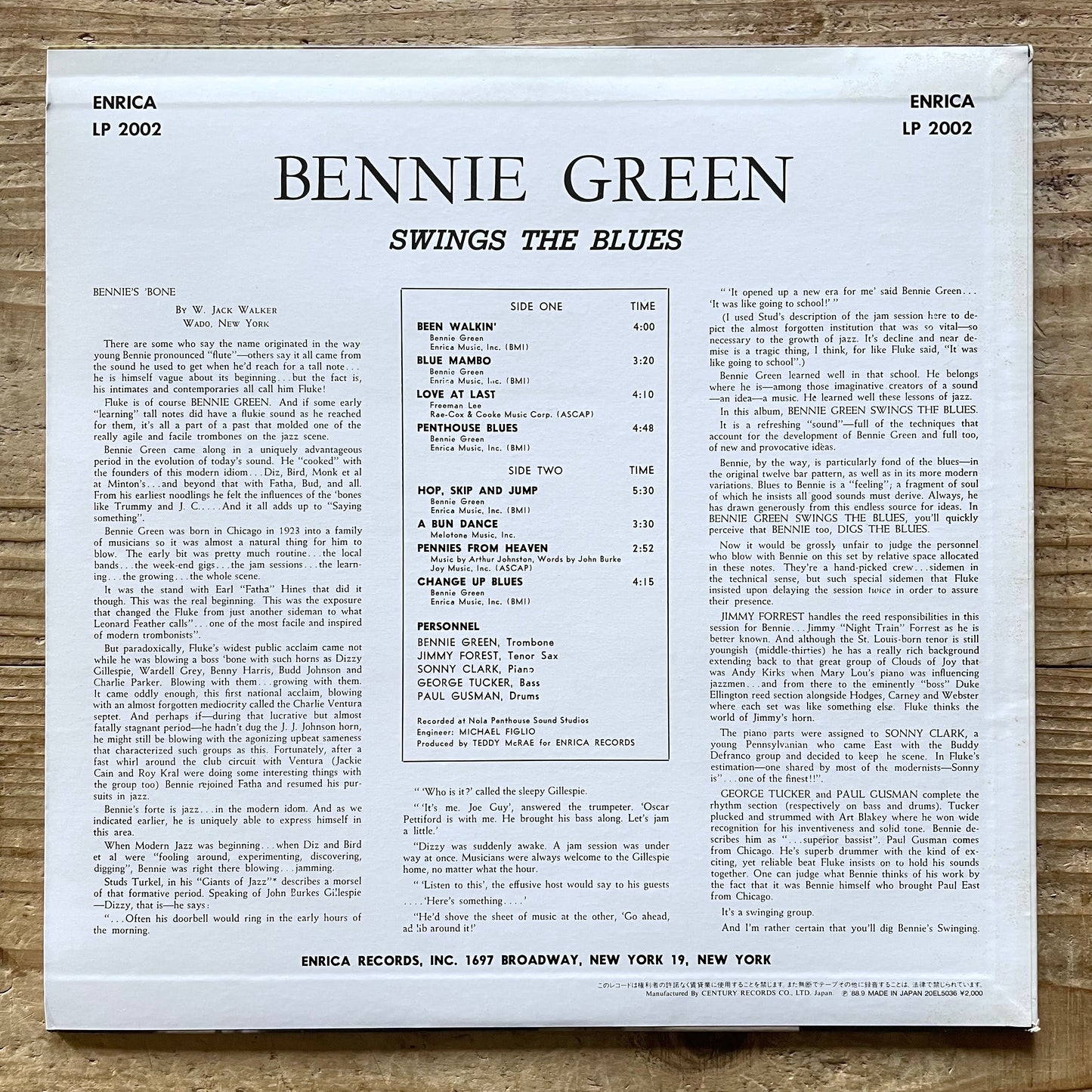 BENNIE GREEN with SONNY CLARK / SWINGS THE BLUES on Enrica - Japan LP 20EL5036