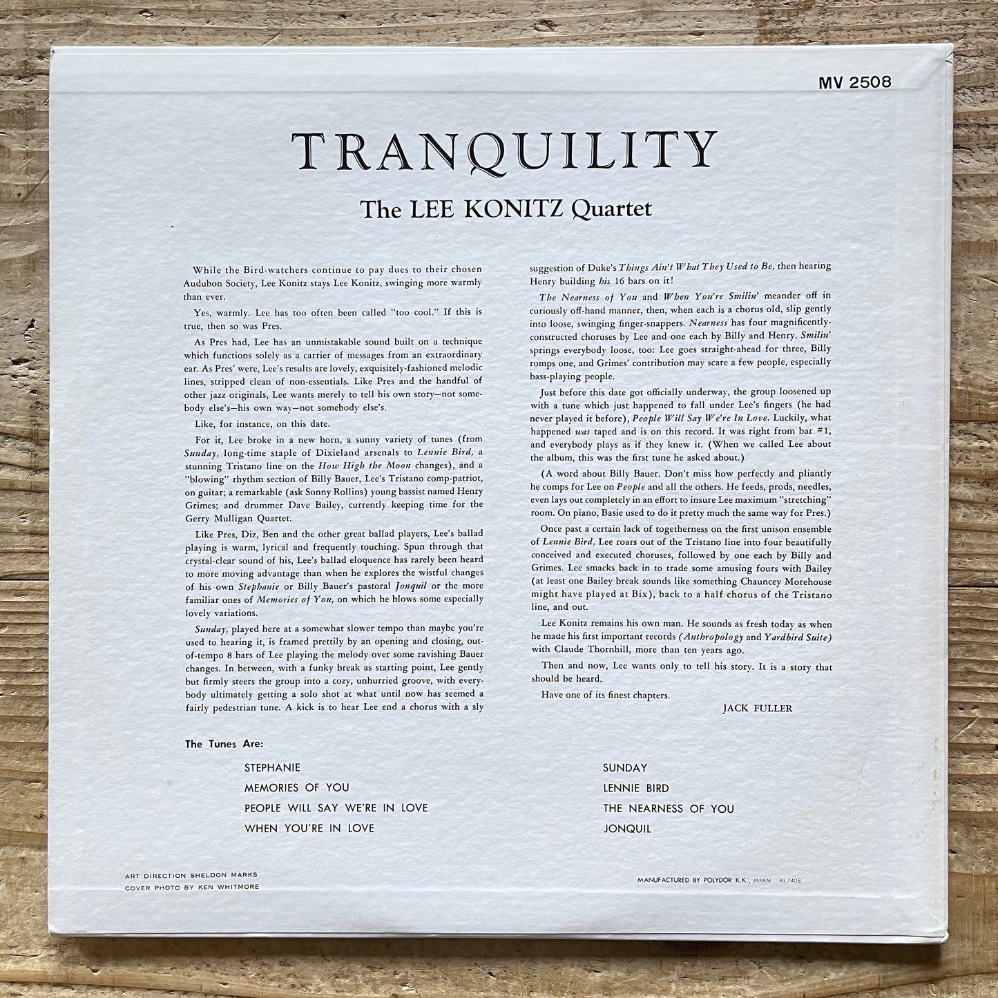 LEE KONITZ QUARTET / TRANQUILITY on Verve - Japan LP MV-2508