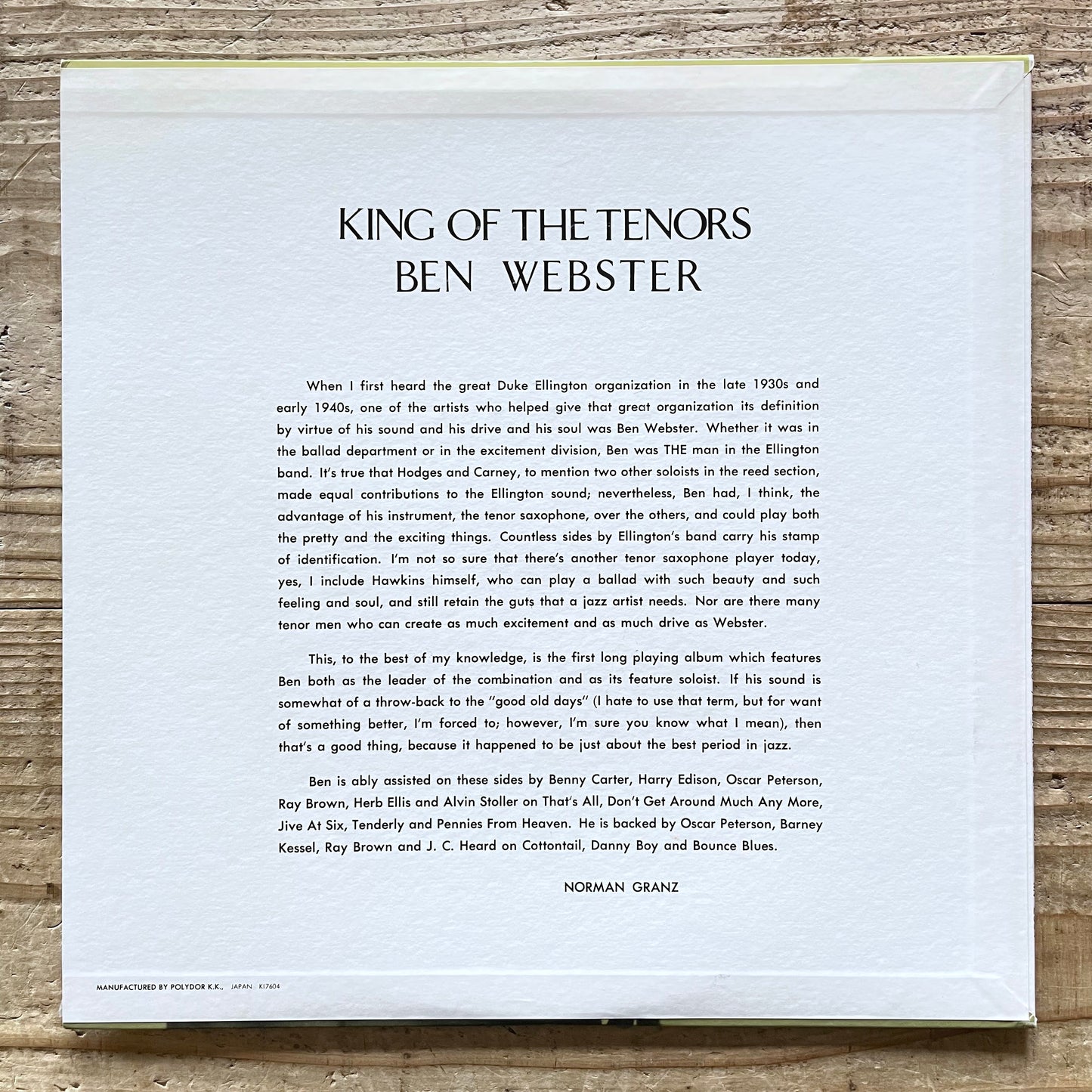 BEN WEBSTER / KING OF THE TENORS on Verve - Japan MONO LP MV-2554
