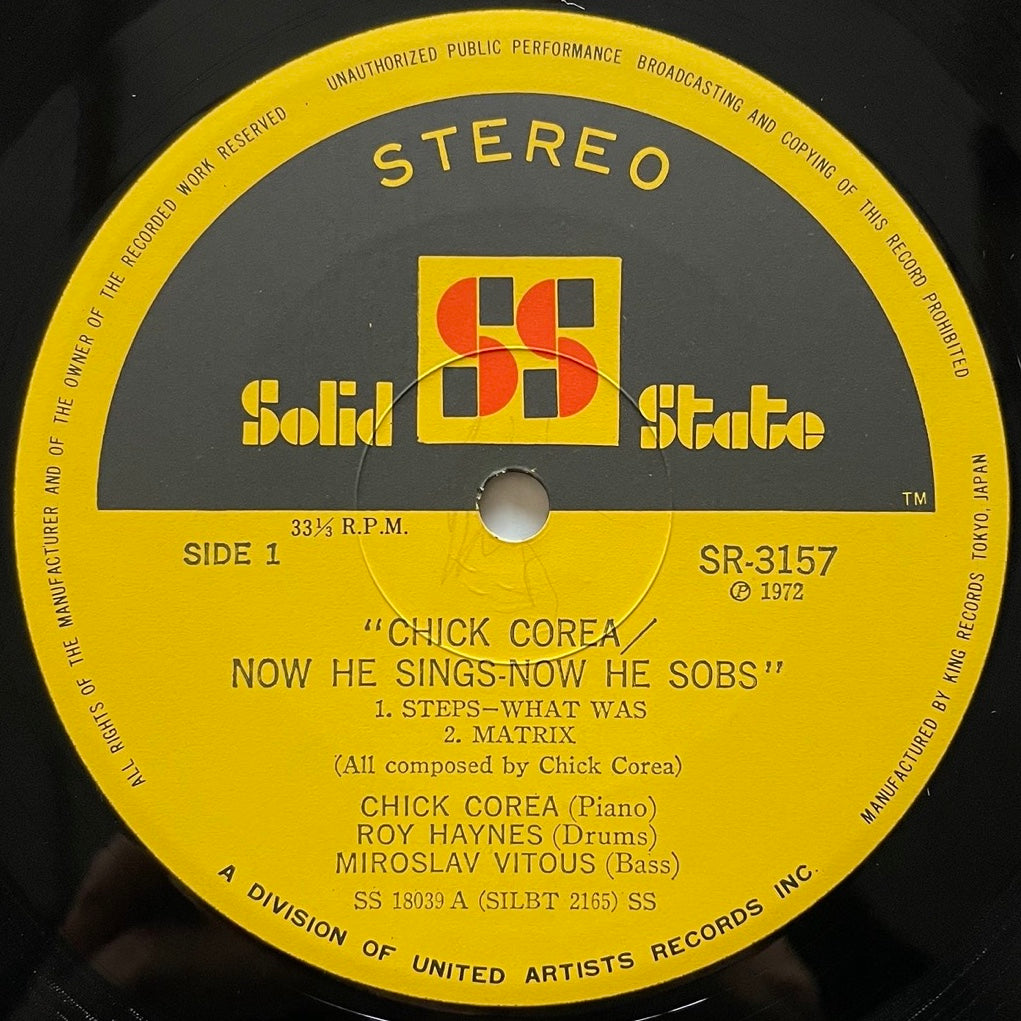 CHICK COREA / NOW HE SINGS, NOW HE SOBS on Solid State - Japan LP SR-3157