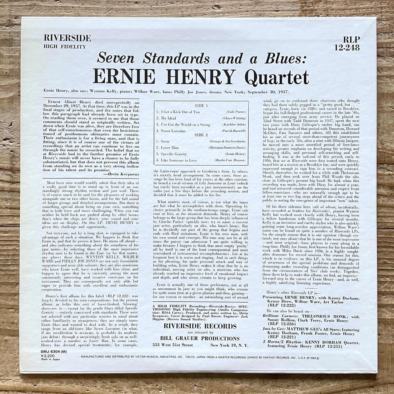 ERNIE HENRY QUARTET / SEVEN STANDARDS AND A BLUES - Japan Riverside LP SMJ-6304