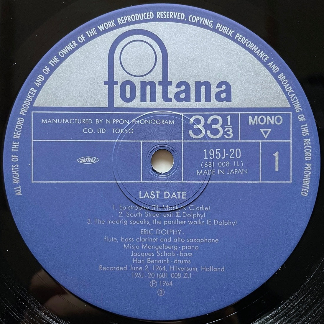 ERIC DOLPHY / LAST DATE on Dutch Fontana - Japan LP 195J-20