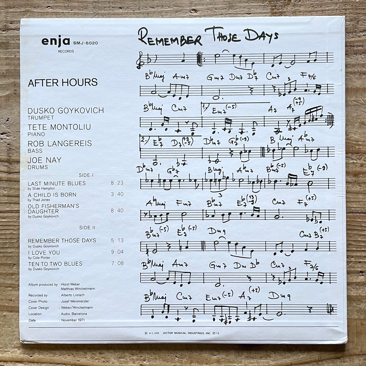 DUSKO GOYKOVICH / AFTER HOURS on Enja - Japan LP SMJ-6020