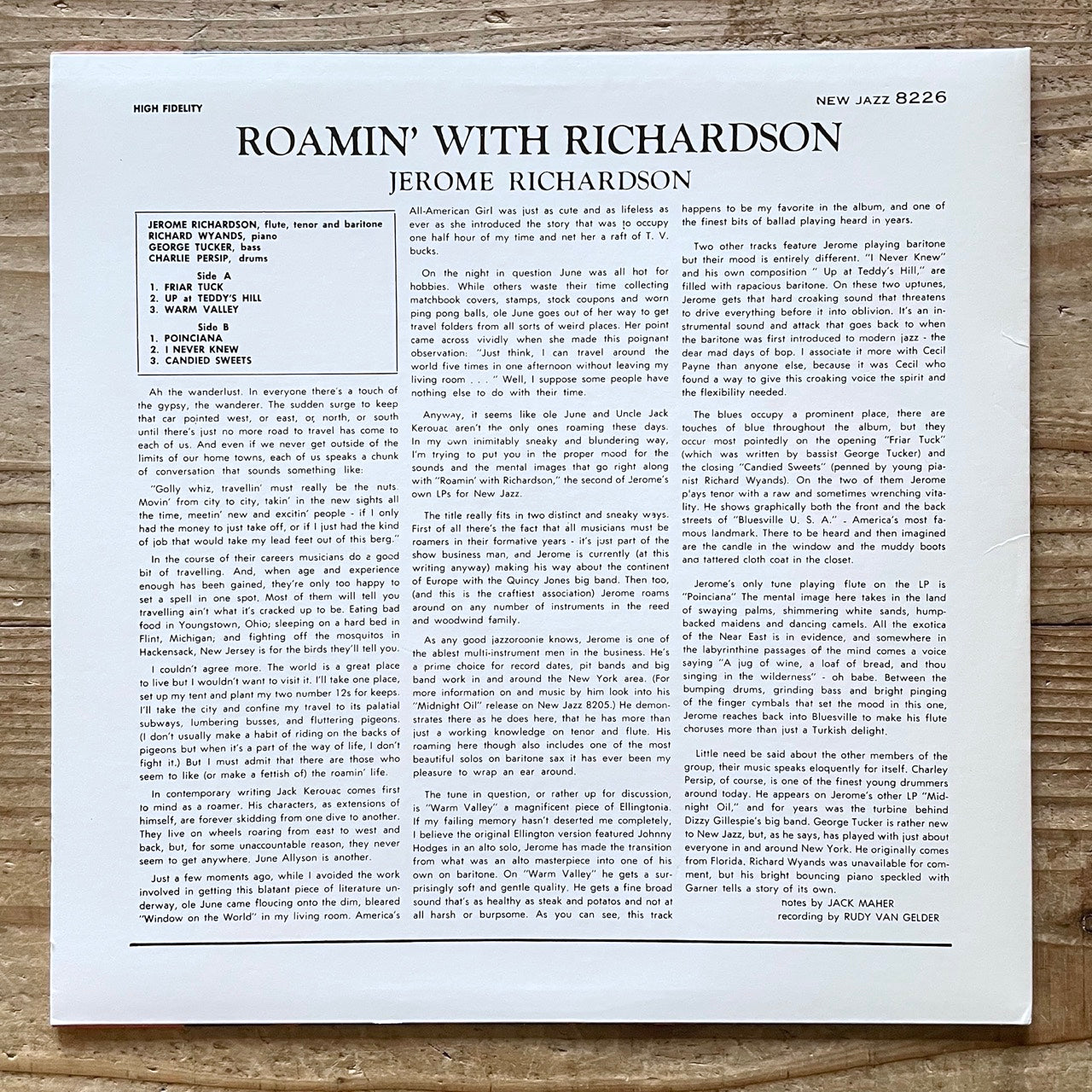 JEROME RICHARDSON / ROAMIN' WITH RICHARDSON on New Jazz - Japan LP NM WWLJ-7027