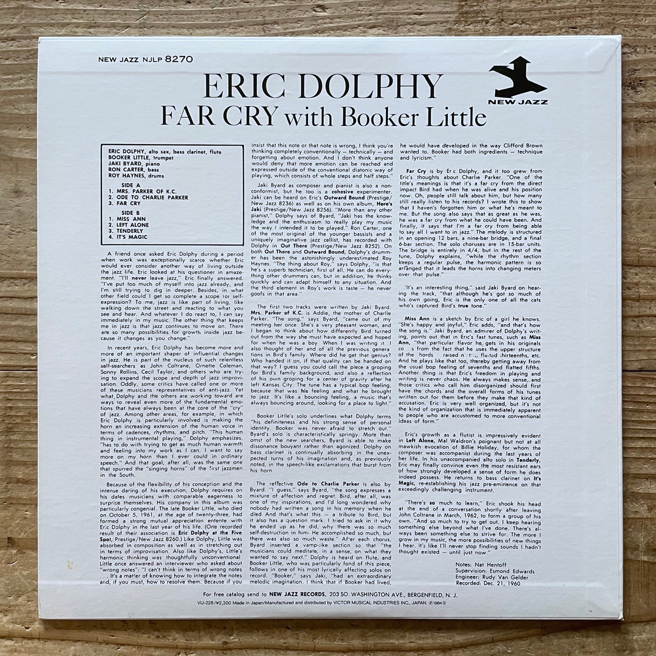 ERIC DOLPHY / FAR CRY with BOOKER LITTLE on New Jazz - Japan LP VIJ-228