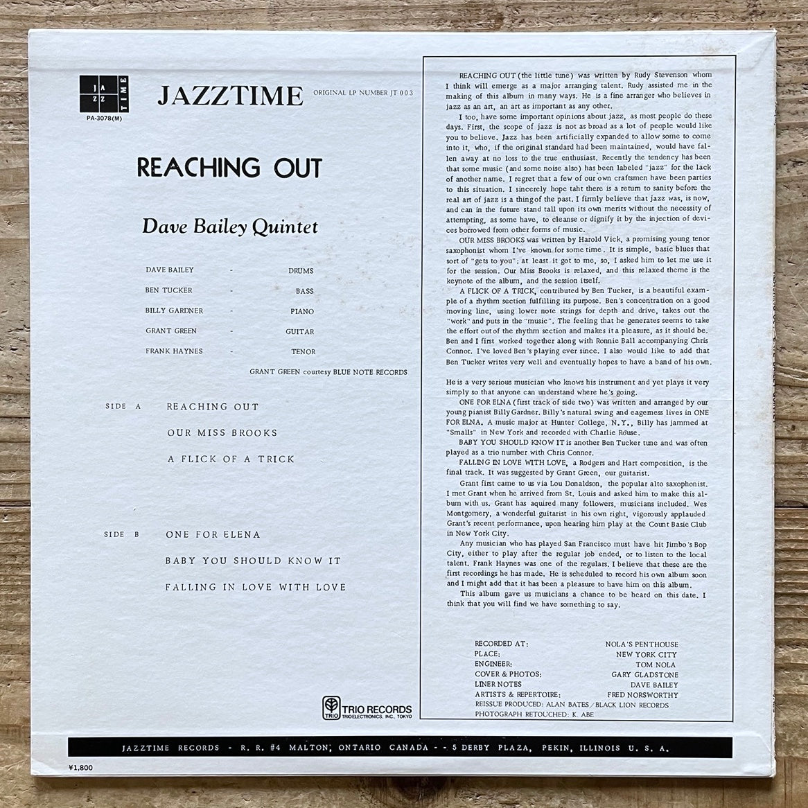 DAVE BAILEY QUINTET feat. GRANT GREEN / REACHING OUT on Jazz Time - Japan LP PA-3078