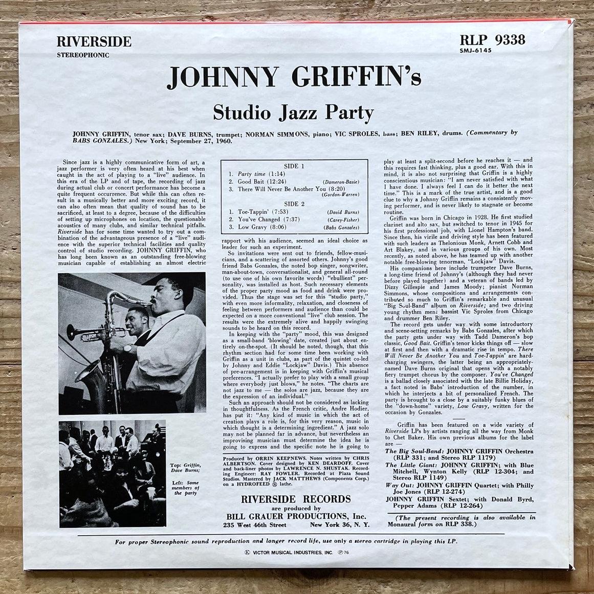 JOHNNY GRIFFIN / STUDIO JAZZ PARTY on Riverside - Japan LP SMJ-6145